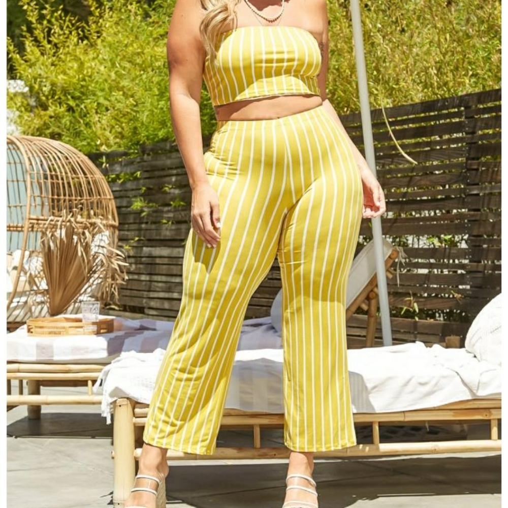 Asoph Plus Size Striped Tube Top and Flare Pants Set